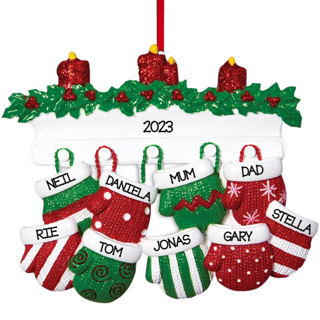 Personalized Mitten Family of 9 Ornament - Custom Holiday Gift