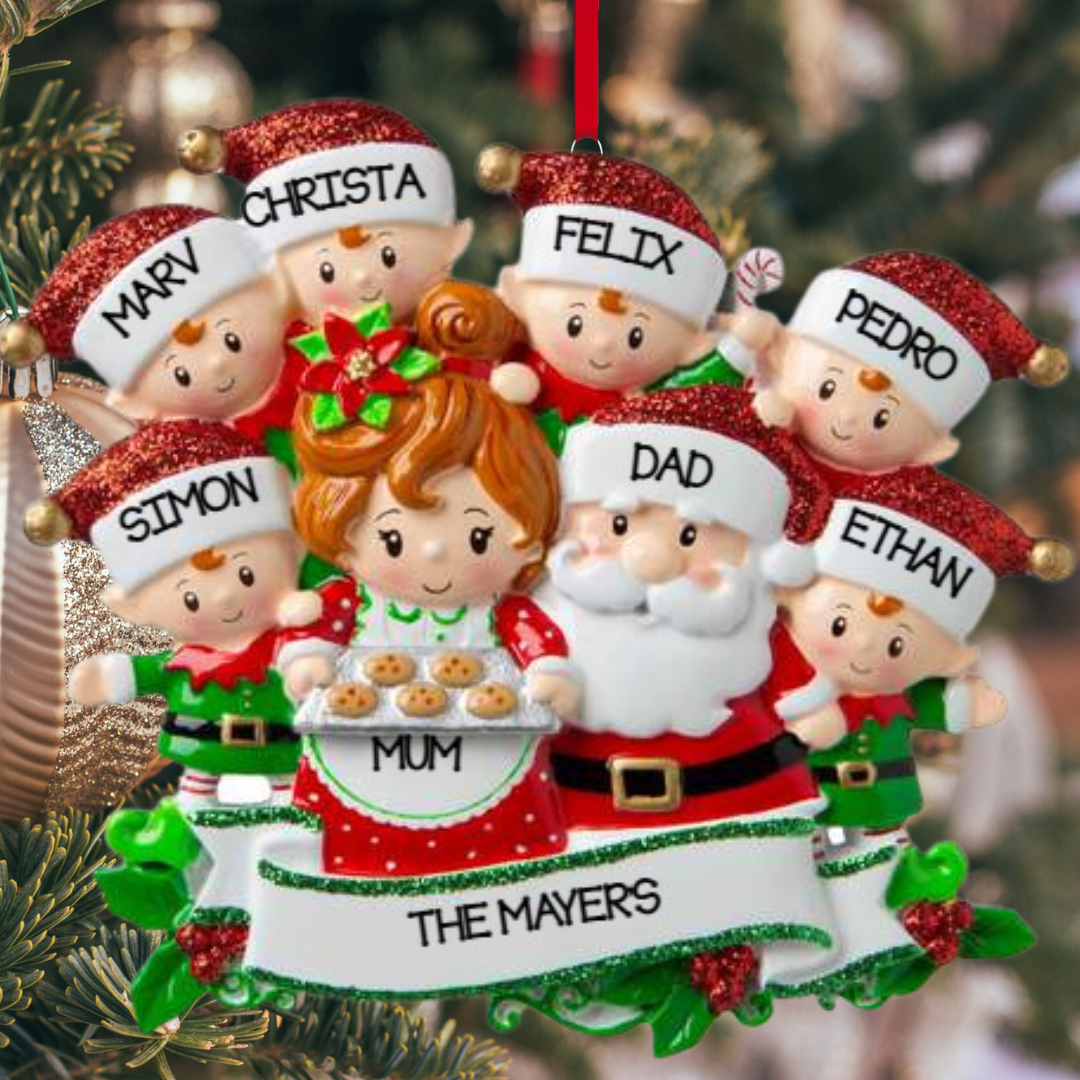 Personalized Mr & Mrs Claus family of 8 Ornament - Custom Holiday Gift