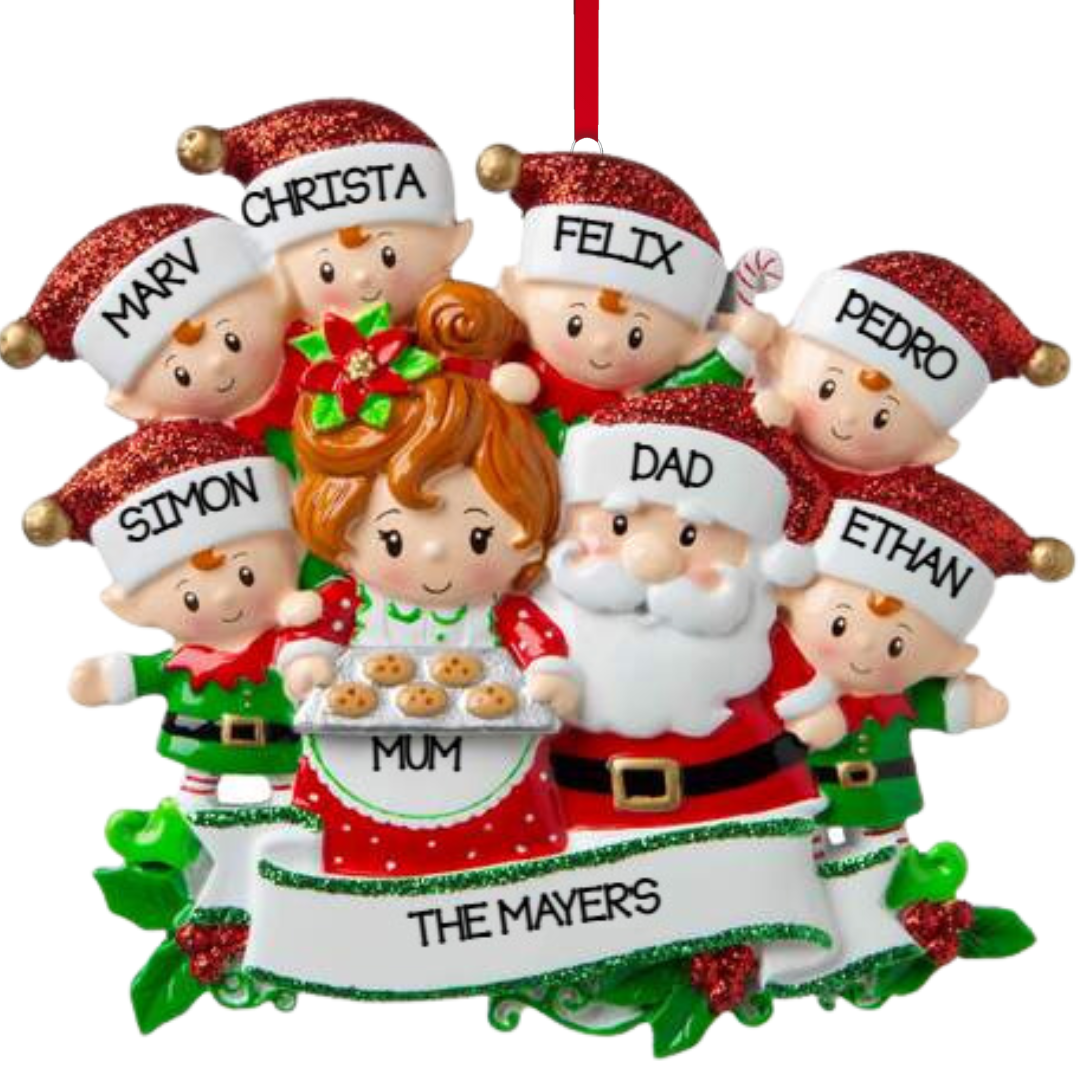 Personalized Mr & Mrs Claus family of 8 Ornament - Custom Holiday Gift