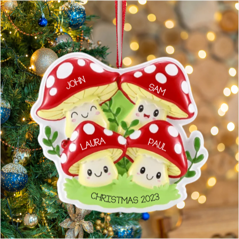 Personalized Mushroom Family of 4 Ornament - Custom Holiday Gift