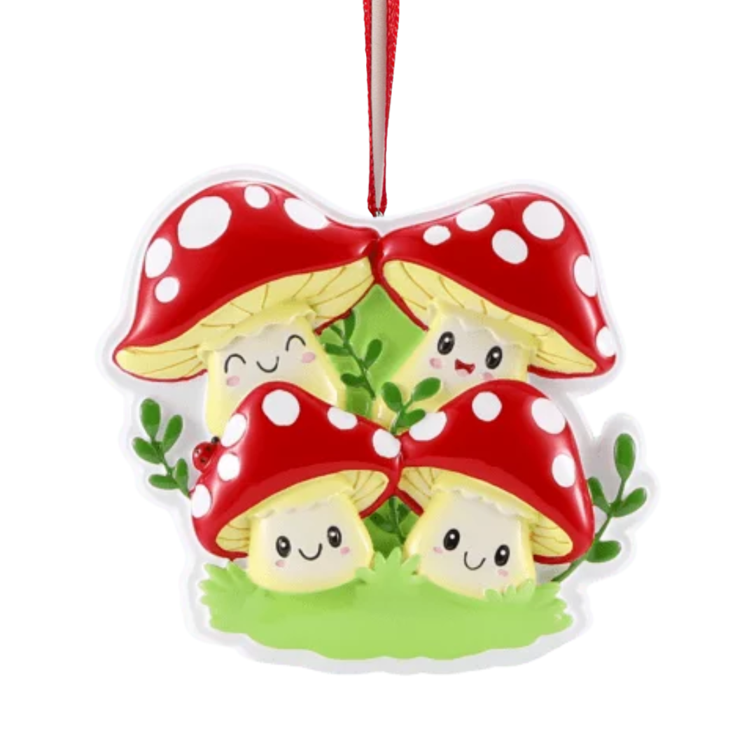 Personalized Mushroom Family of 4 Ornament - Custom Holiday Gift