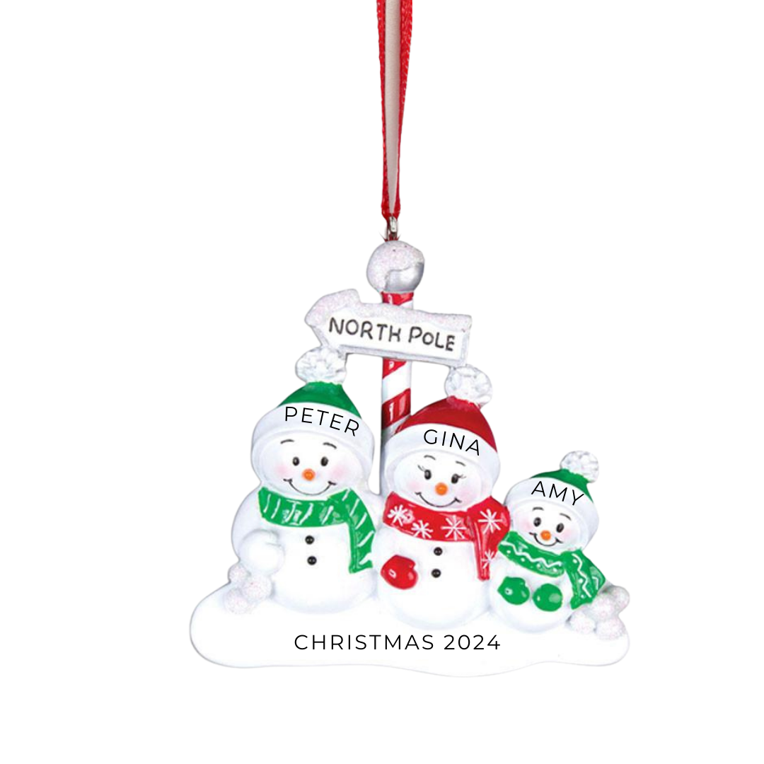 Personalized North Pole Family of 3 Ornament - Custom Holiday Gift