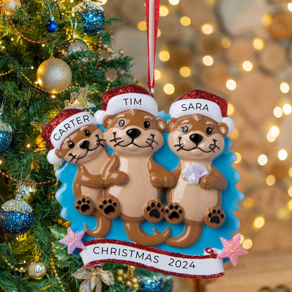 Personalized Otter family of 3 Ornament - Custom Holiday Gift