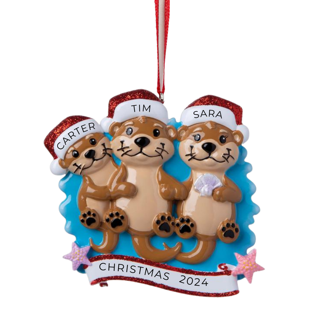 Personalized Otter family of 3 Ornament - Custom Holiday Gift