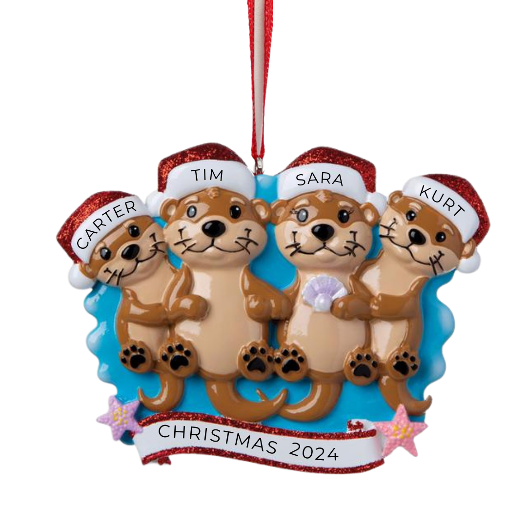 Personalized Otter family of 4 Ornament - Custom Holiday Gift