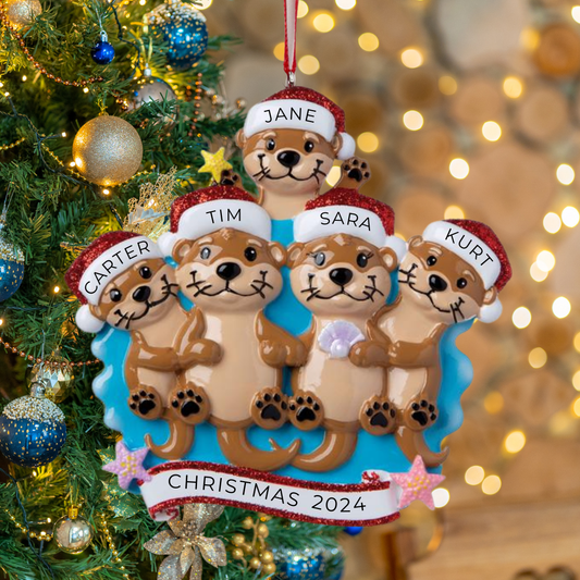 Personalized Otter family of 5 Ornament - Custom Holiday Gift