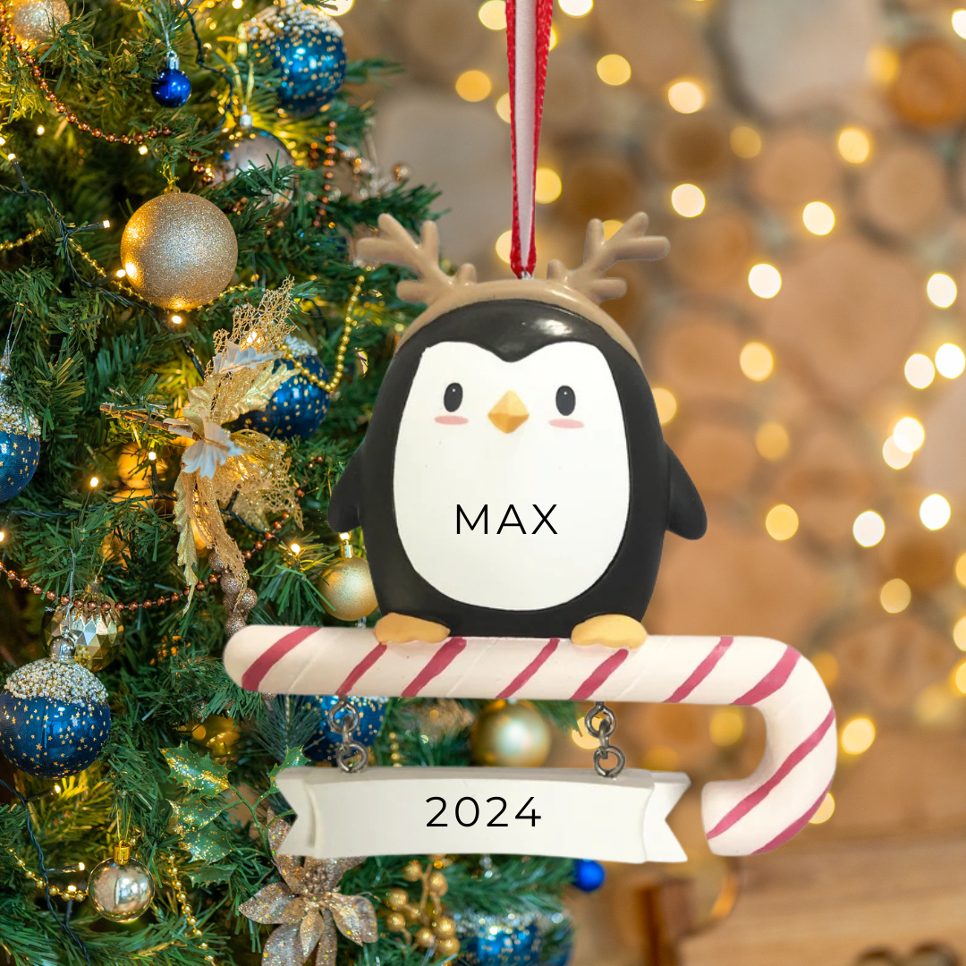 Personalized PENGUIN IN REINDEER COSTUME Ornament - Custom Holiday Gift