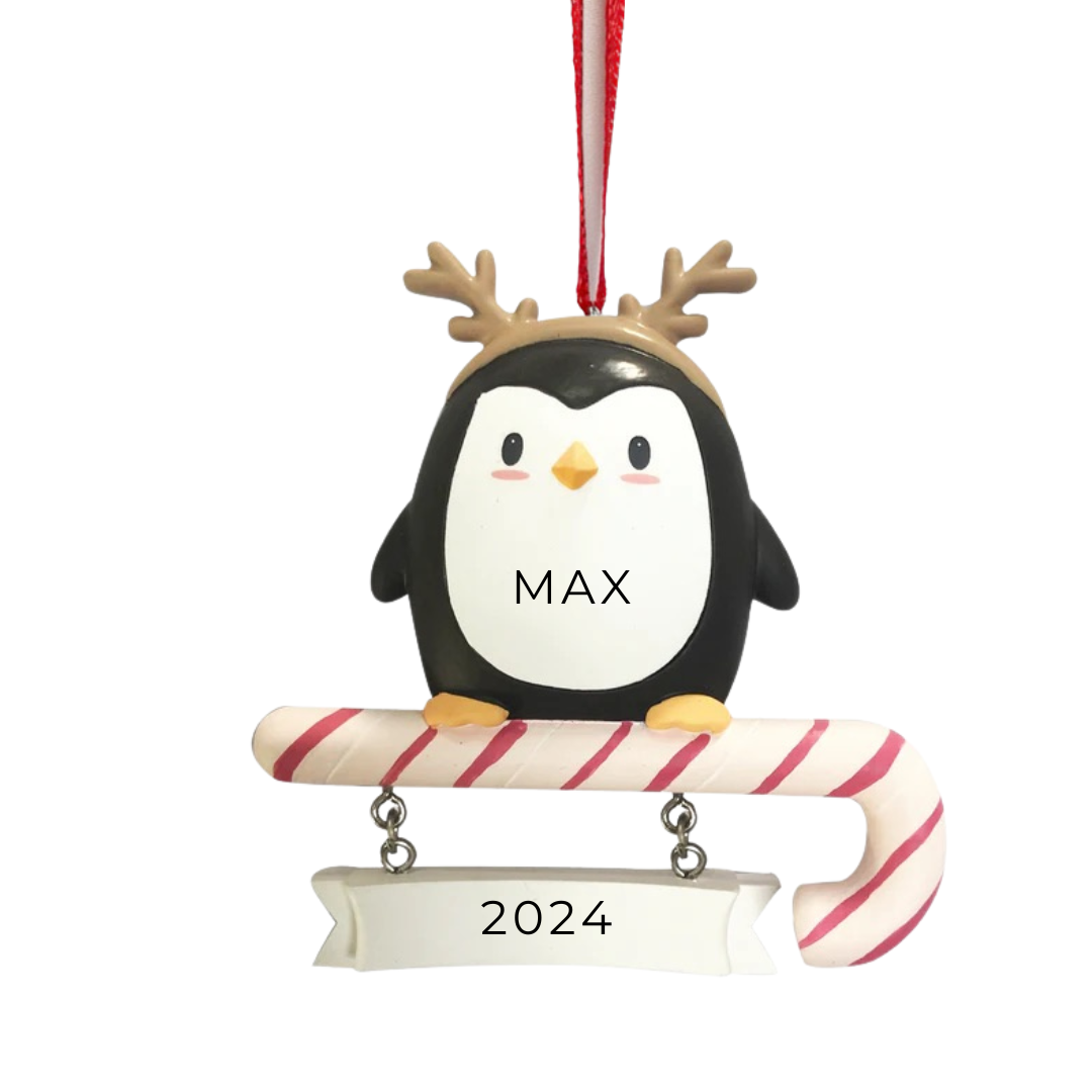 Personalized PENGUIN IN REINDEER COSTUME Ornament - Custom Holiday Gift