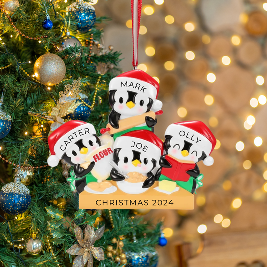 Personalized Penguin Baking Family of 4 Ornament - Custom Holiday Gift