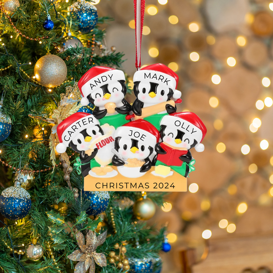 Personalized Penguin Baking Family of 5 Ornament - Custom Holiday Gift