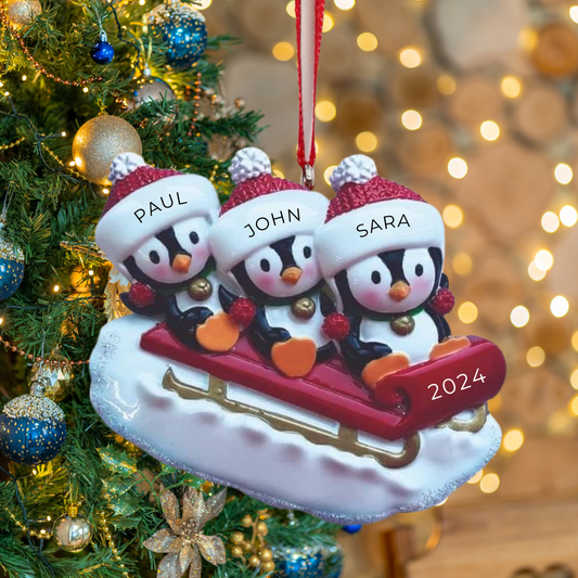 Personalized Penguin Family of 3 on Sleigh Ornament - Custom Holiday Gift