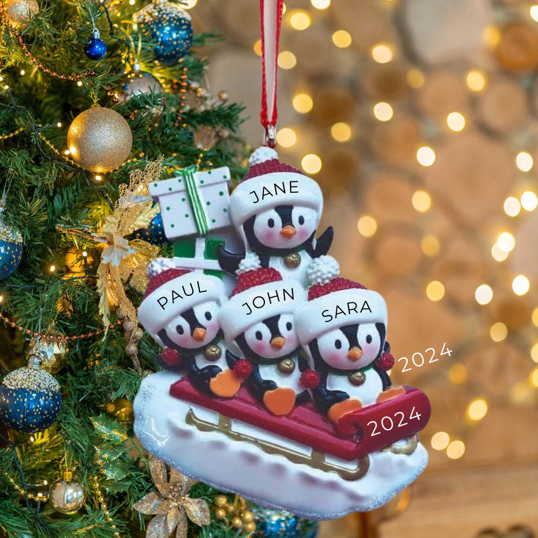 Personalized Penguin Family of 4 on Sleigh Ornament - Custom Holiday Gift