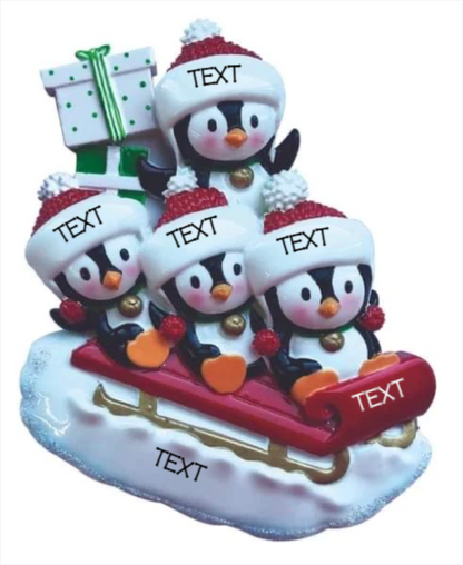 Personalized Penguin Family of 4 on Sleigh Ornament- Custom Holiday Gift