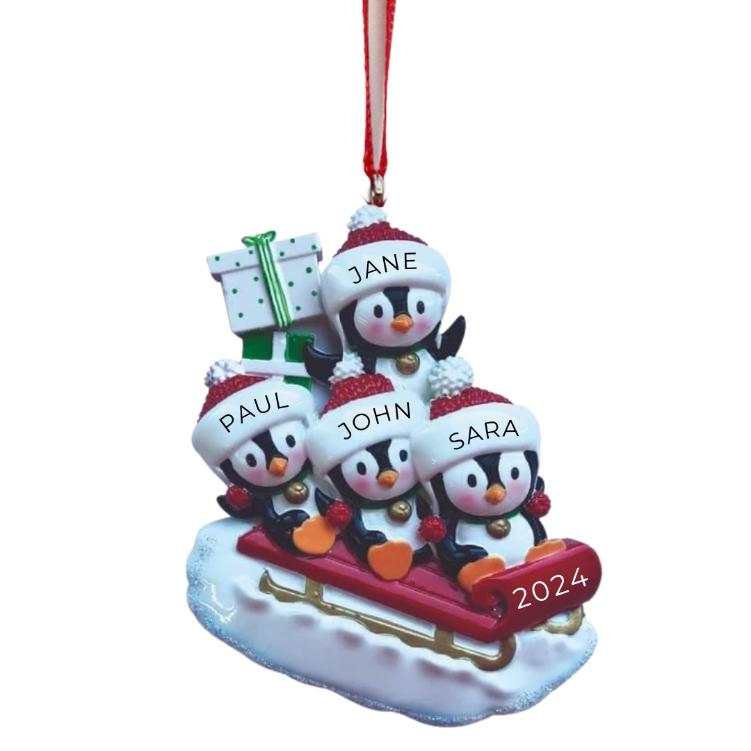 Personalized Penguin Family of 4 on Sleigh Ornament - Custom Holiday Gift