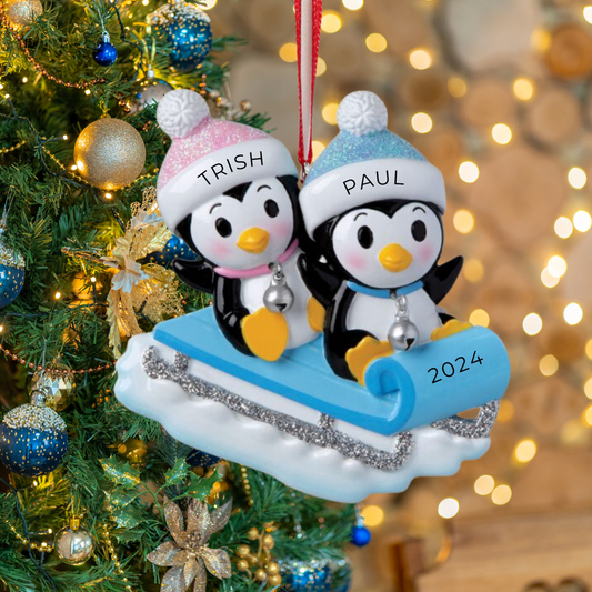 Personalized Penguin On Sled Ornament - Custom Holiday Gift