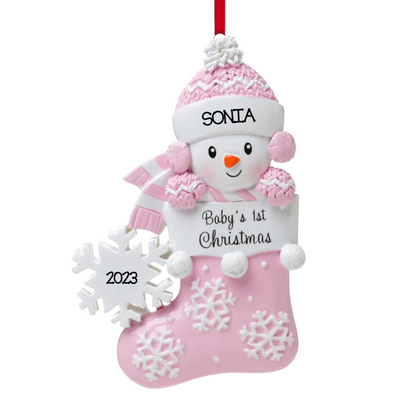 Snowbaby in Stocking - Pink Ornament