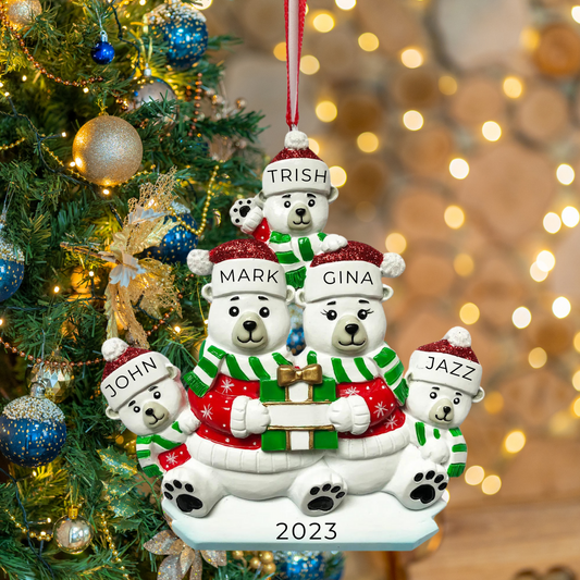 Personalized Polar Bear Family of 5 Ornament - Custom Holiday Gift