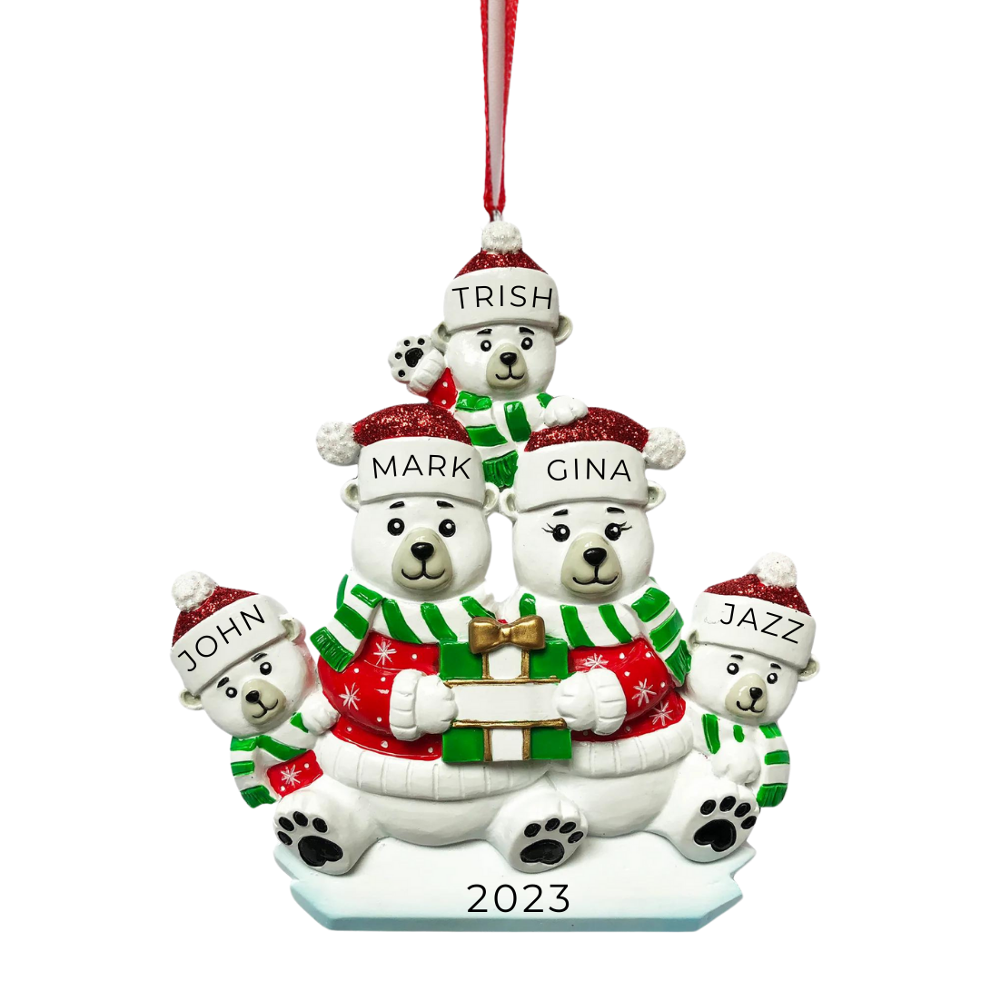 Personalized Polar Bear Family of 5 Ornament - Custom Holiday Gift