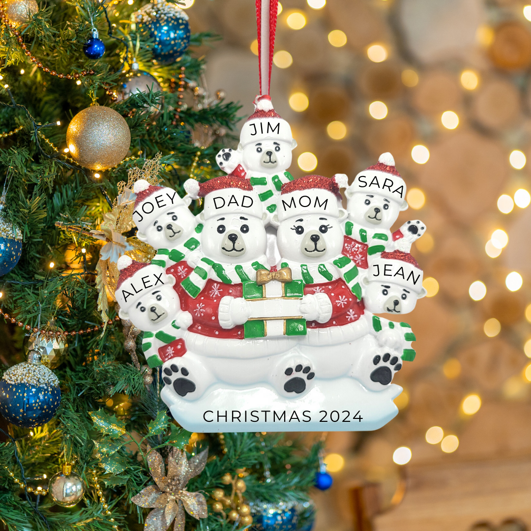 Personalized Polar Bear Family of 7 Ornament - Custom Holiday Gift