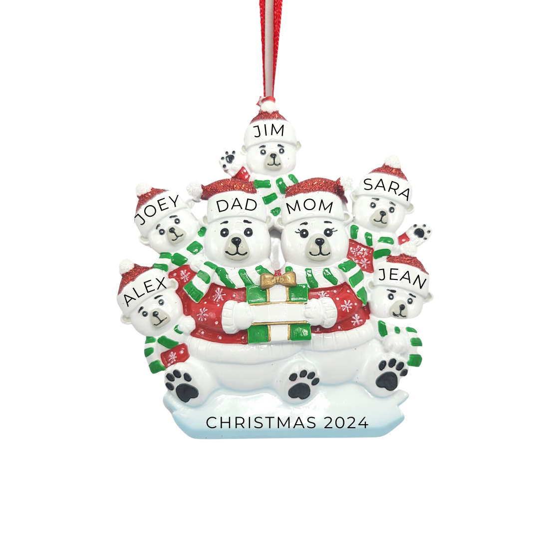 Personalized Polar Bear Family of 7 Ornament - Custom Holiday Gift