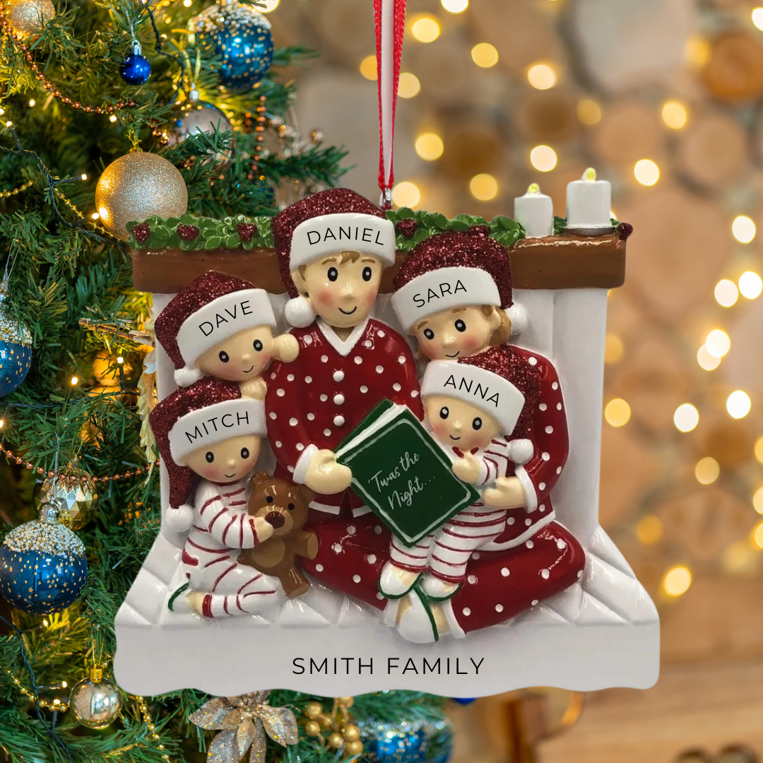 Personalized Reading In Bed Family of 5 Ornament - Custom Holiday Gift