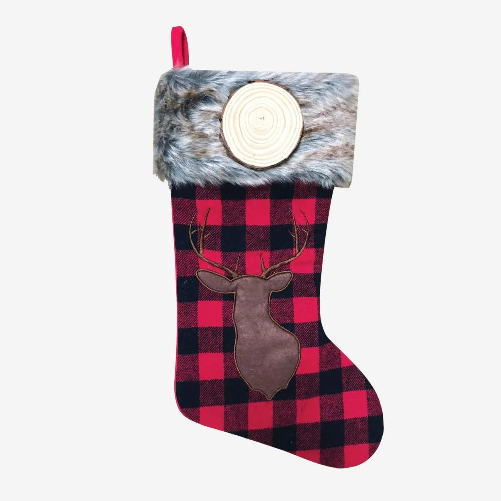 Personalized Red & Black Plaid with Brown Reindeer Stocking - Custom Holiday Gift