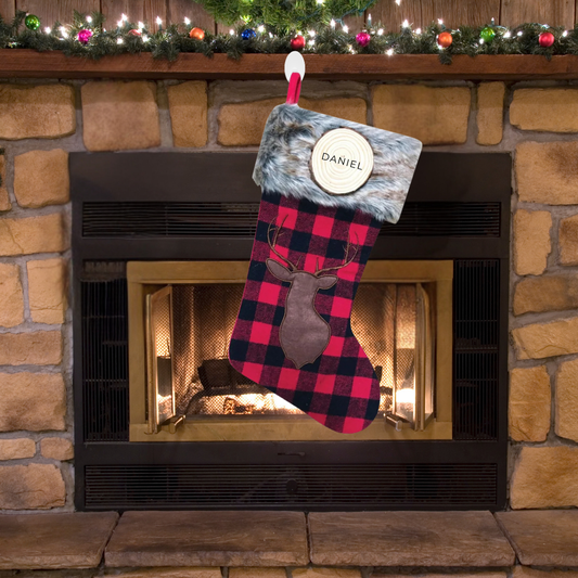 Personalized Red & Black Plaid with Brown Reindeer Stocking - Custom Holiday Gift