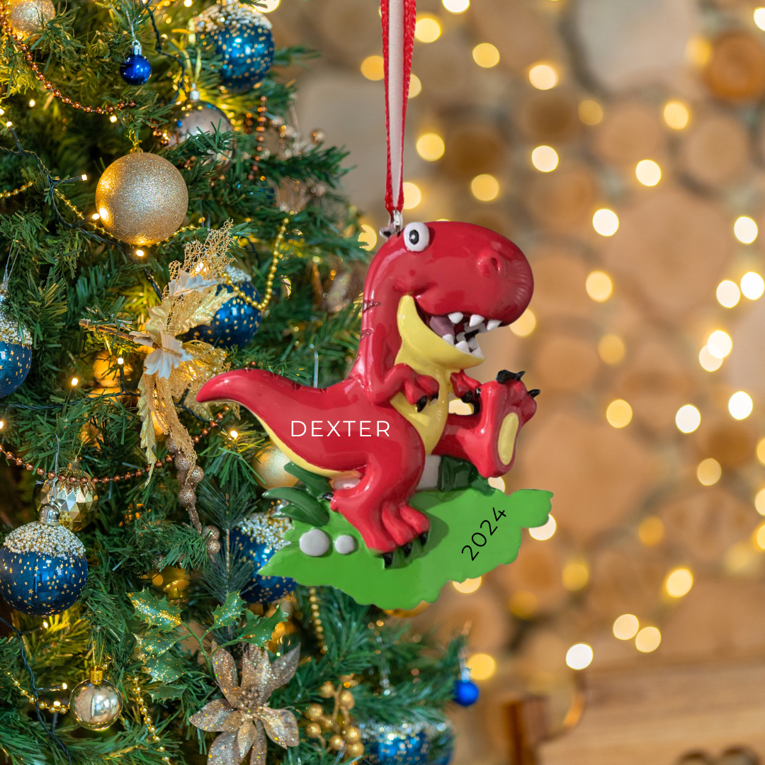 Personalized Red T-Rex Dinosaur Ornament - Custom Holiday Gift