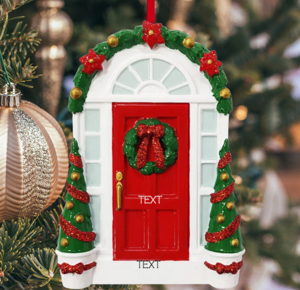 Personalized Red door with Wreath Ornament - Custom Holiday Gift