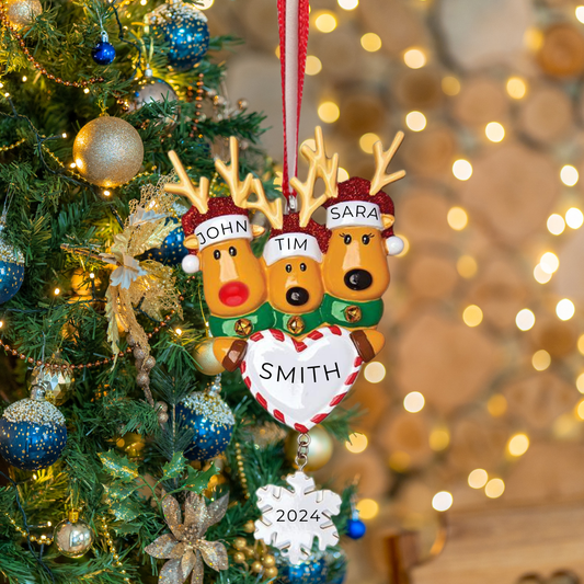 Personalized Reindeer Family of 3 Ornament - Custom Holiday Gift