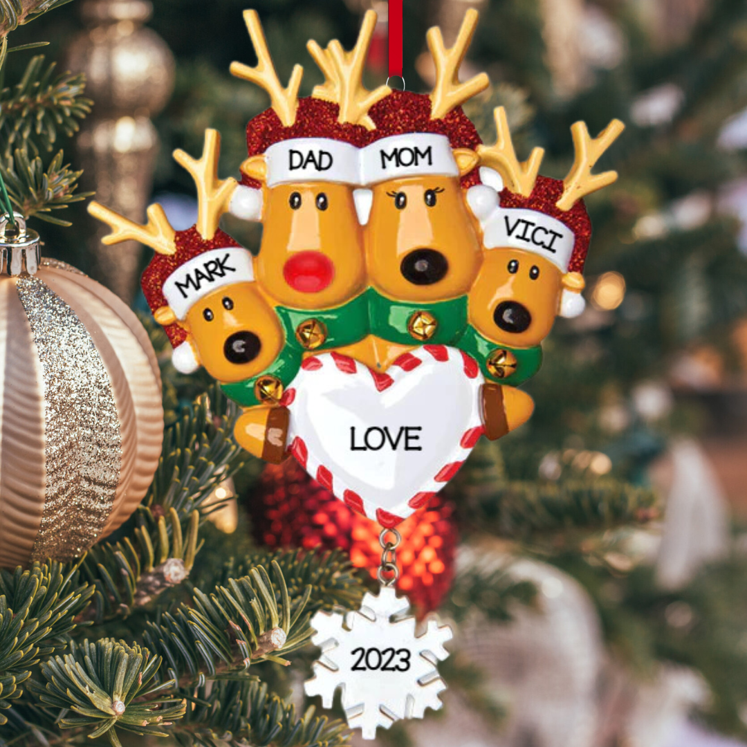 Personalized Reindeer Family of 4 Ornament - Custom Holiday Gift