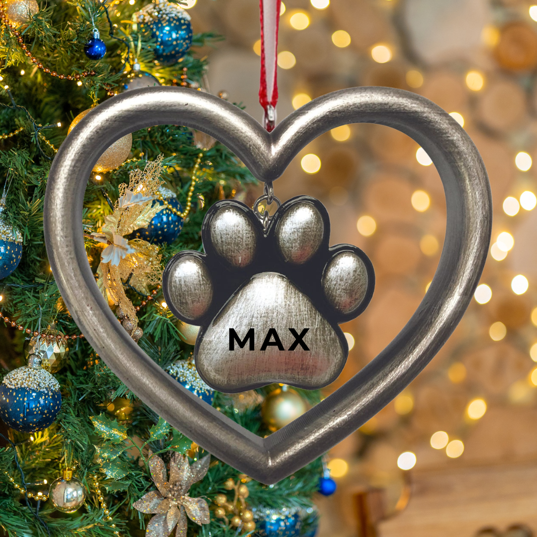 Personalized Silver Paw in Heart Ornament - Custom Holiday Gift