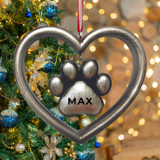 Personalized Silver Paw in Heart Ornament - Custom Holiday Gift