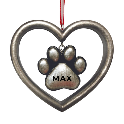 Personalized Silver Paw in Heart Ornament - Custom Holiday Gift