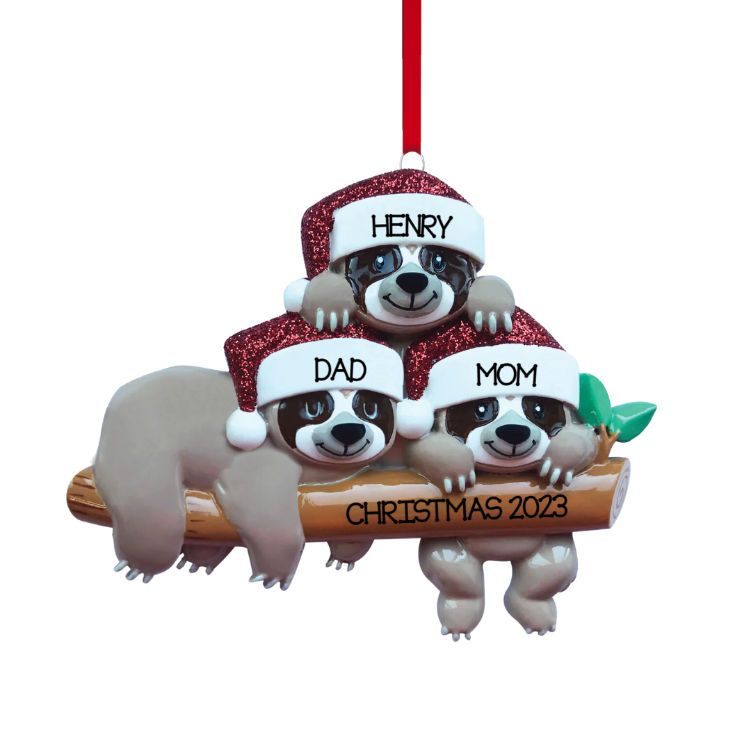 Personalized Sloth Family - Family of 3 Ornament - Custom Holiday Gift