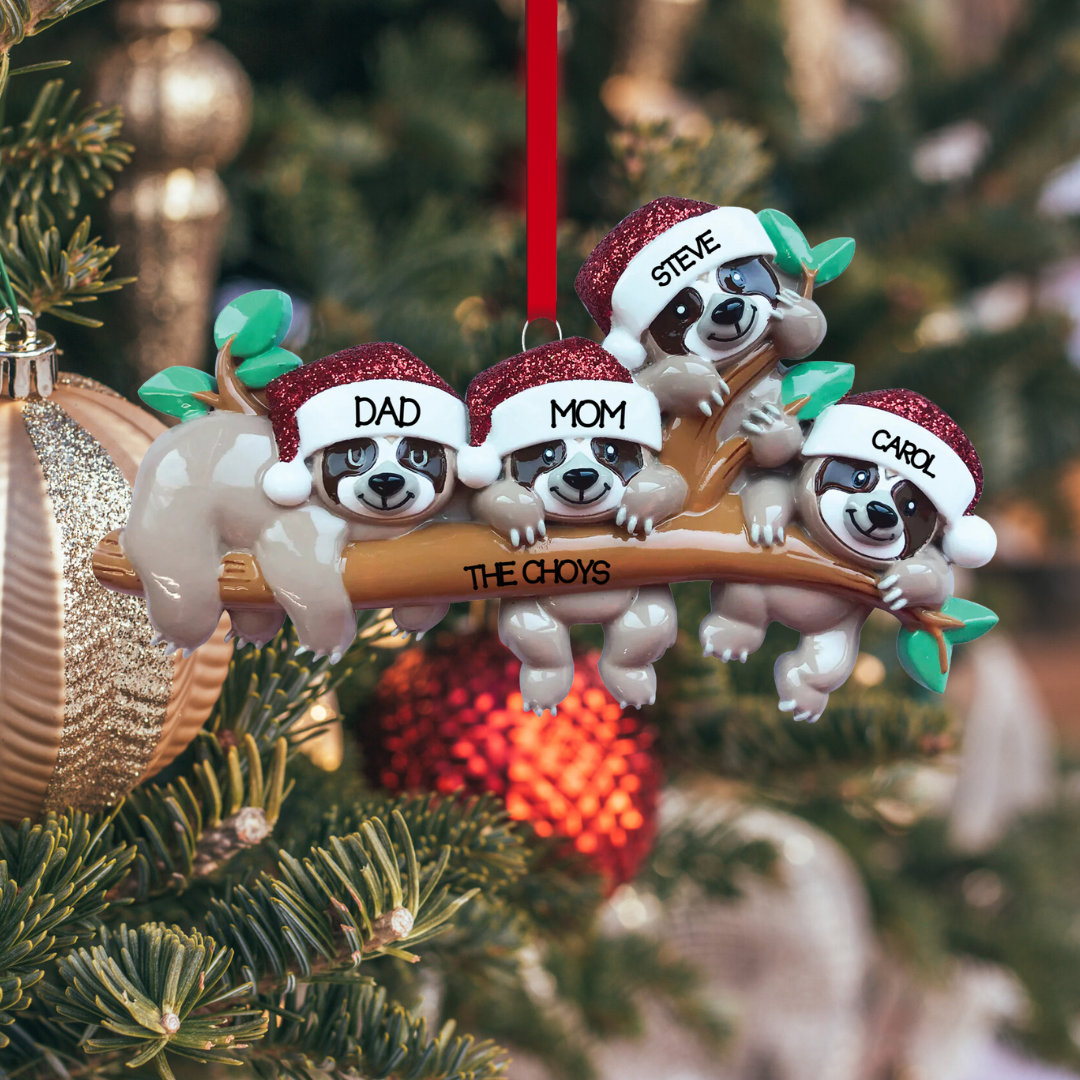 Personalized Sloth Family - Family of 4 Ornament - Custom Holiday Gift