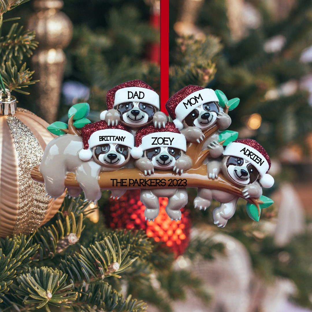 Personalized Sloth Family - Family of 5 Ornament  - Custom Holiday Gift