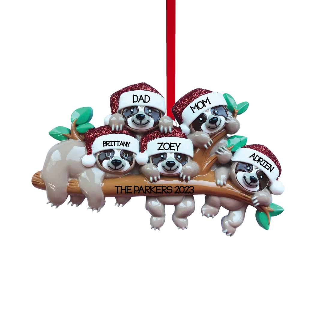 Personalized Sloth Family - Family of 5 Ornament  - Custom Holiday Gift