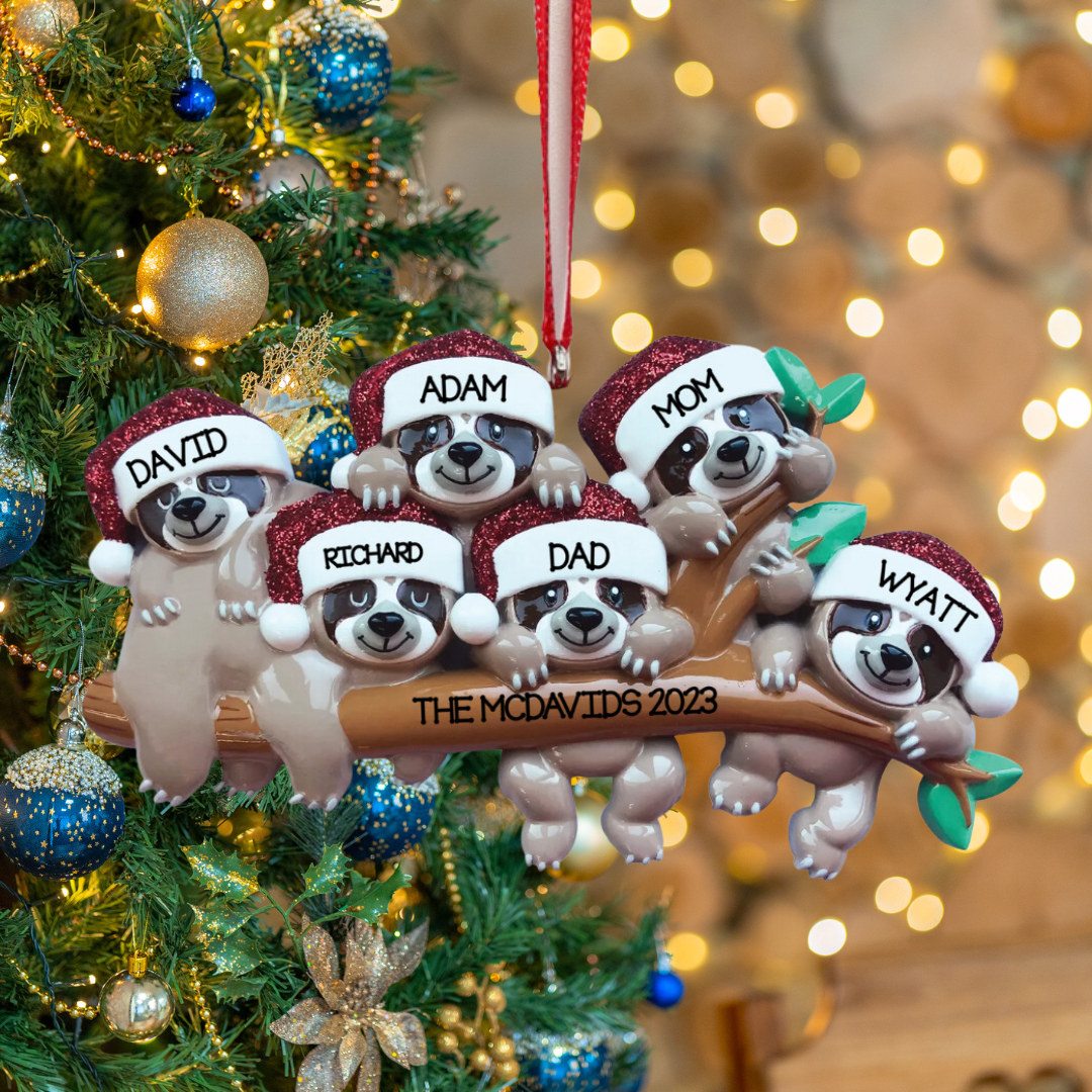 Personalized Sloth Family - Family of 6 Ornament - Custom Holiday Gift