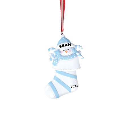 Personalized Snowbaby in Stocking - Blue Ornament - Custom Holiday Gift