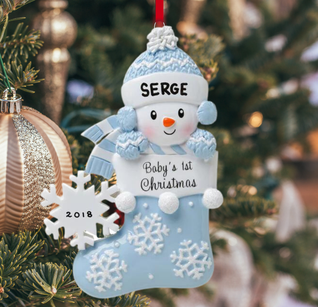 Personalized Snowbaby in Stocking - Blue Ornament - Custom Holiday Gift