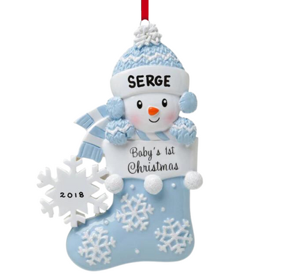 Personalized Snowbaby in Stocking - Blue Ornament - Custom Holiday Gift