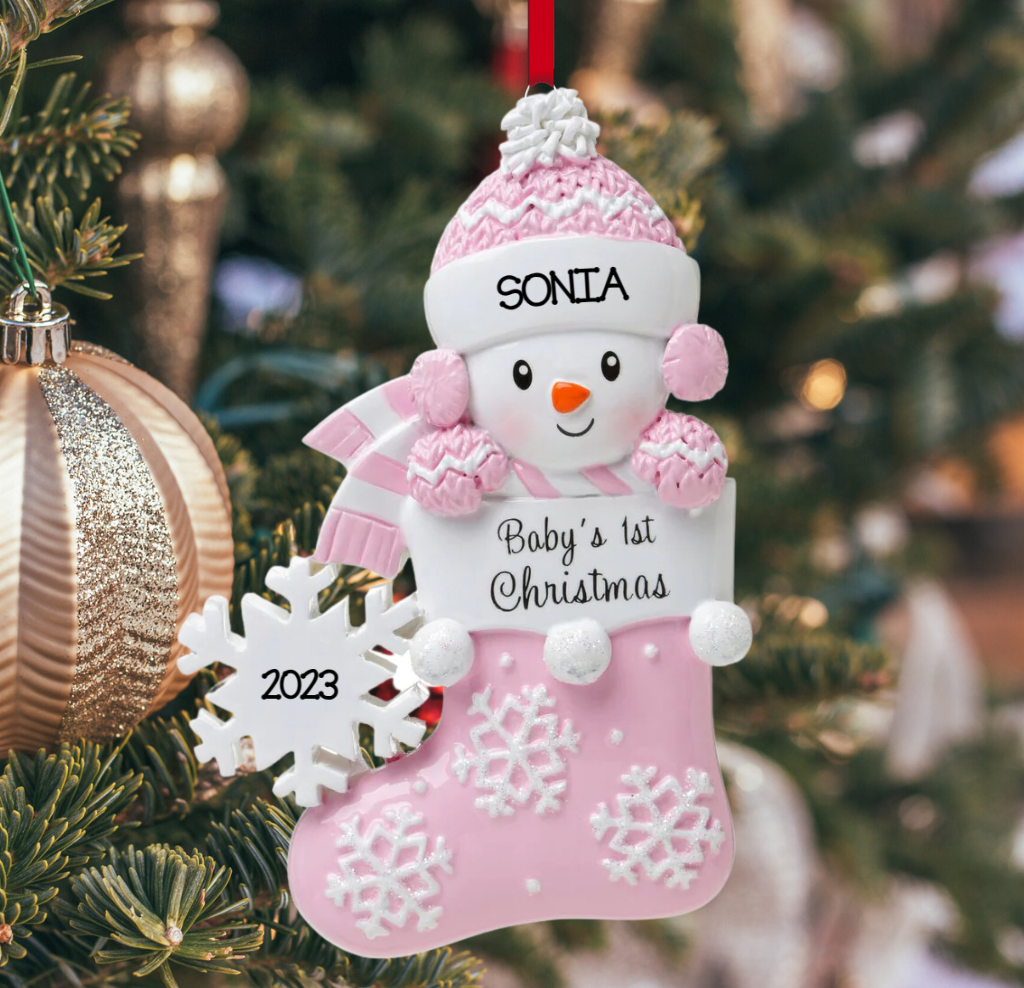 Personalized Snowbaby in Stocking - Pink Ornament - Custom Holiday Gift