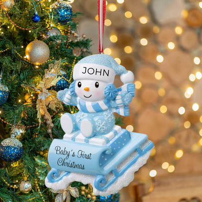 Personalized Snowbaby on Sled (Blue) Ornament - Custom Holiday Gift