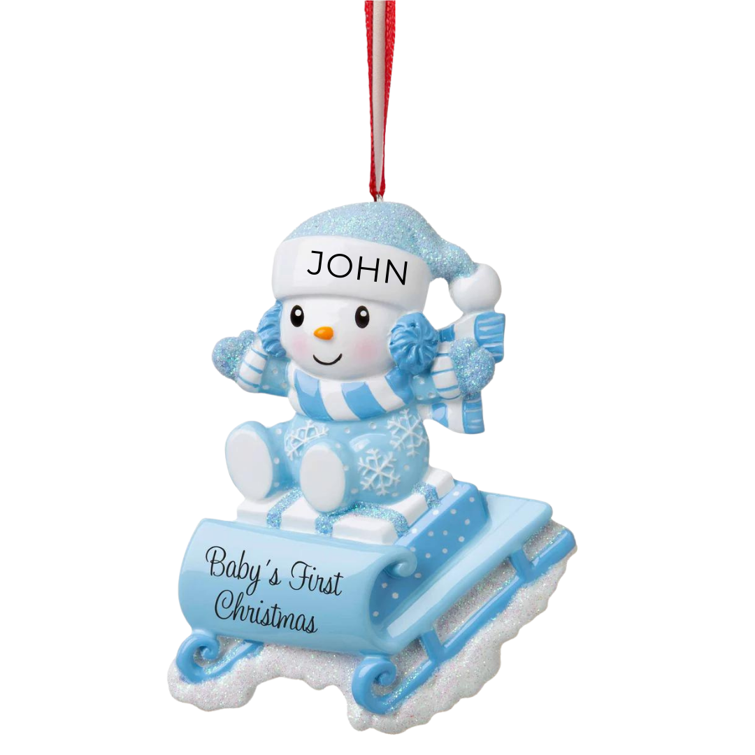 Personalized Snowbaby on Sled (Blue) Ornament - Custom Holiday Gift