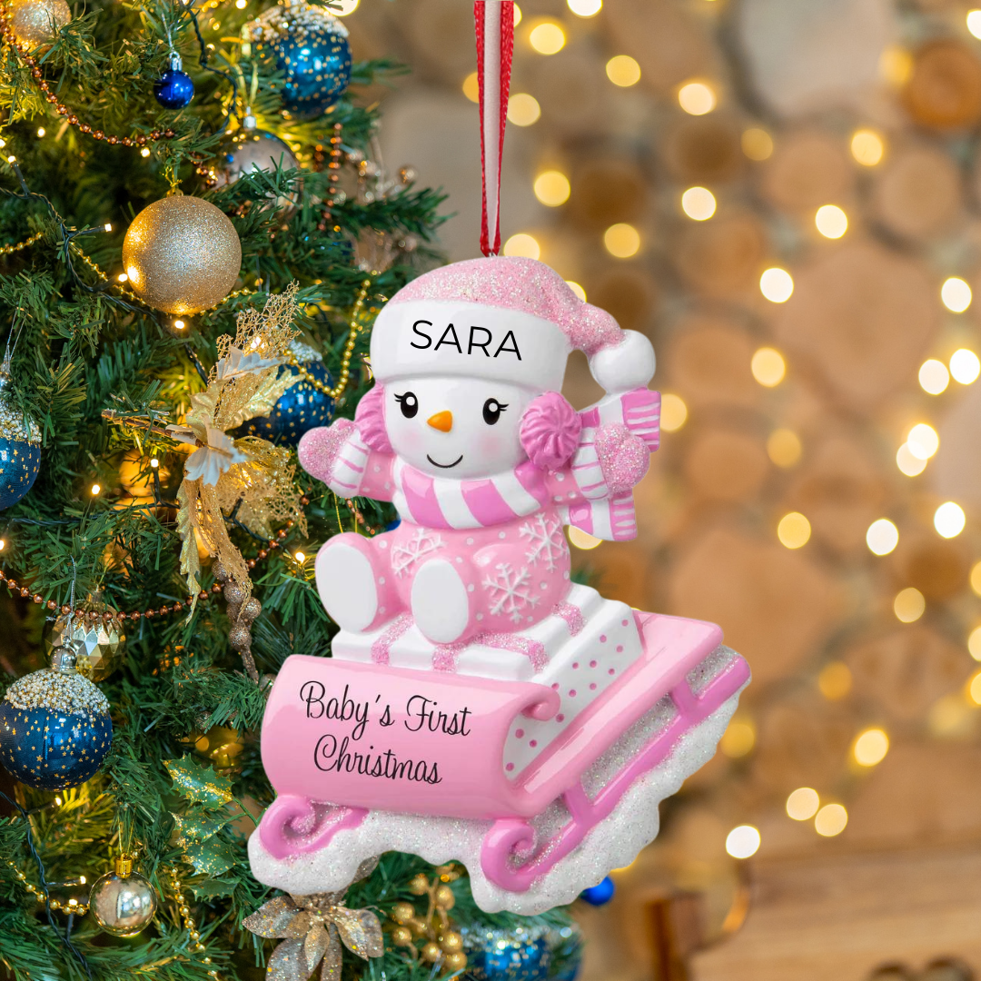 Personalized Snowbaby on Sled (Pink) Ornament - Custom Holiday Gift