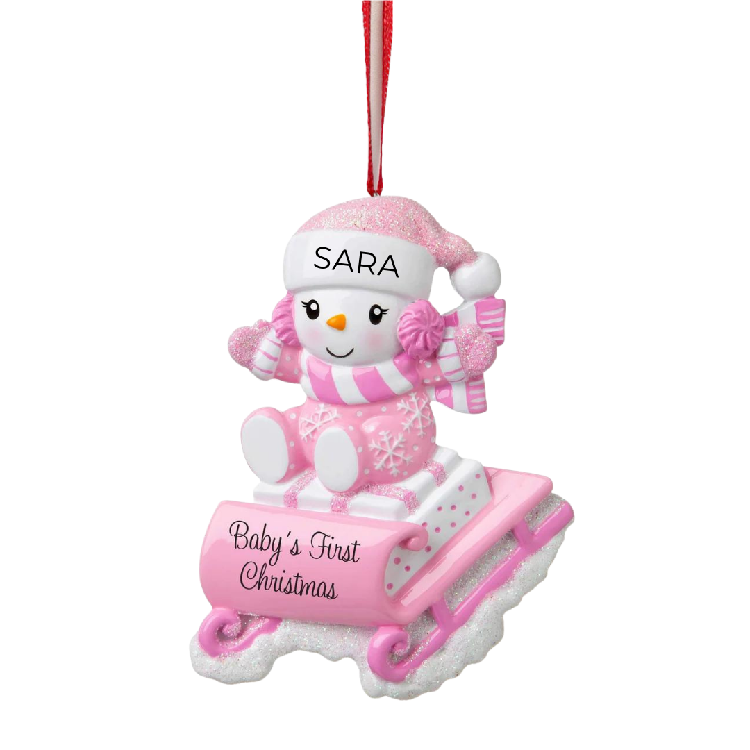 Personalized Snowbaby on Sled (Pink) Ornament - Custom Holiday Gift