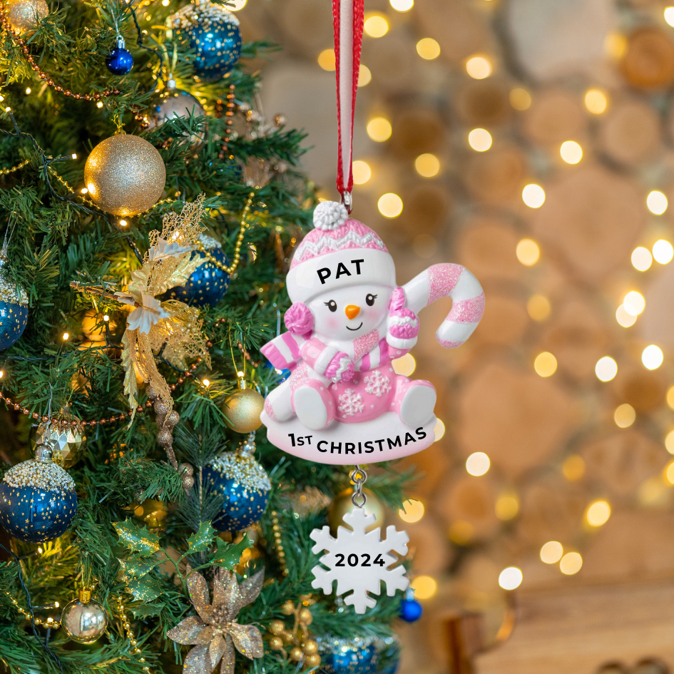 Personalized Snowbaby with Candy Cane - Pink Ornament - Custom Holiday Gift