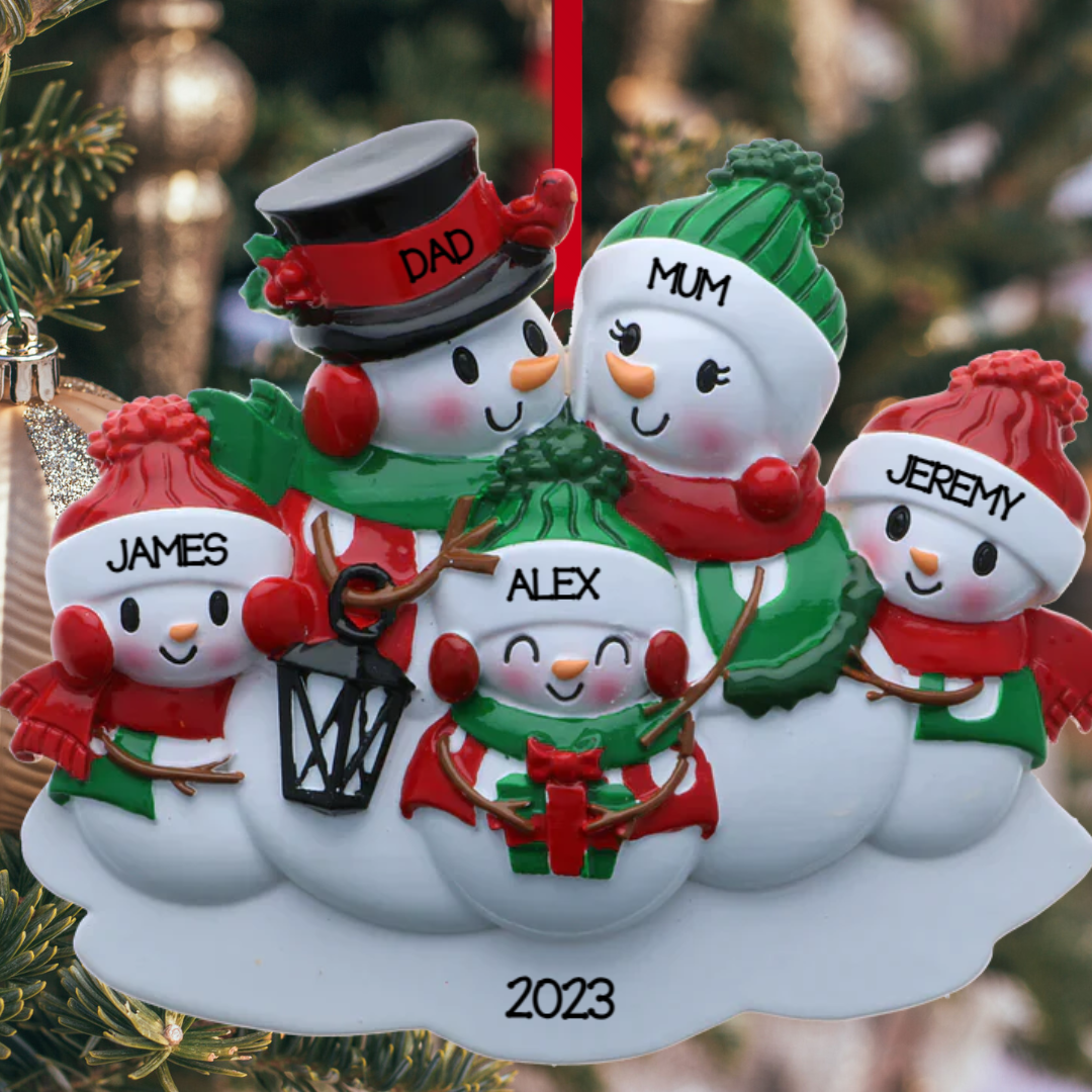 Personalized Snowman family - Family of 5 Ornament - Custom Holiday Gift