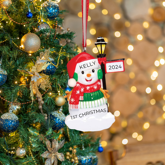 Personalized Snowman with Light Post Ornament - Custom Holiday Gift